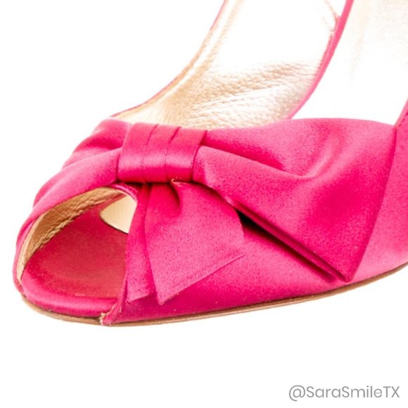 {VALENTINO GARAVANI} Bright Pink Satin Bow Open Toe Slingback Stiletto Pumps - Picture 12 of 13